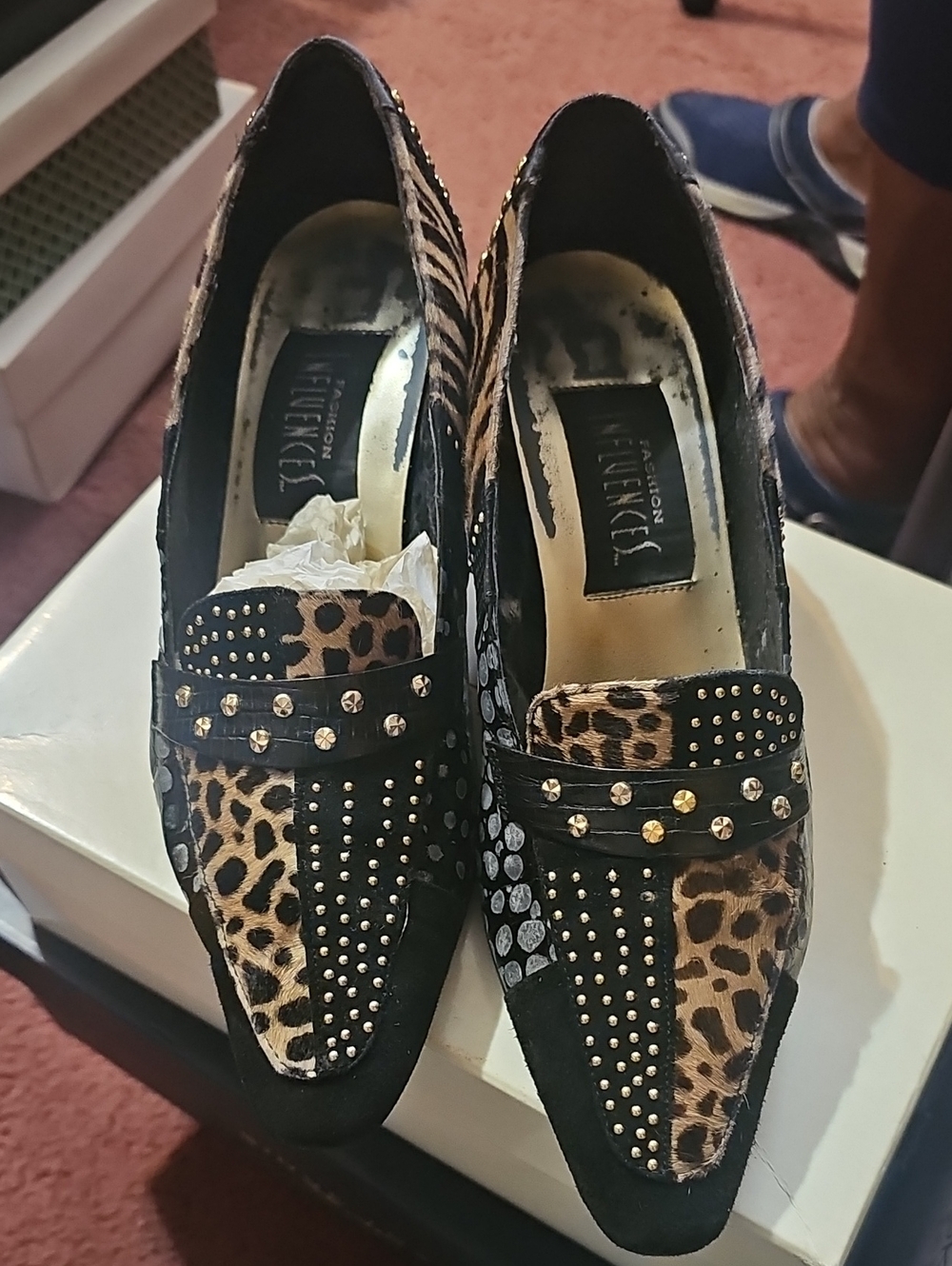 Animal Print Studded Loafers - Black & Brown